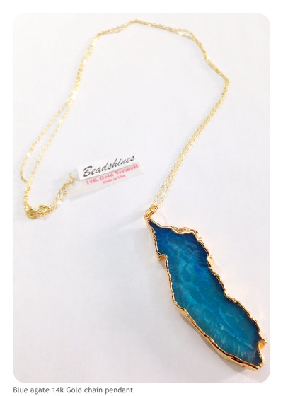 Blue Agate Quartz Slice 14K. Gold Vermeil Chain