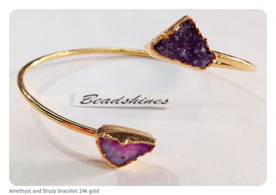 Double Druzy and Amethyst 24K. Gold Plated Bangle