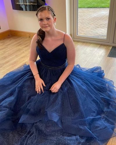 Glitter A-Line V Neck Spaghetti Straps Navy Sparkly Tulle Long Prom Evening Dresses