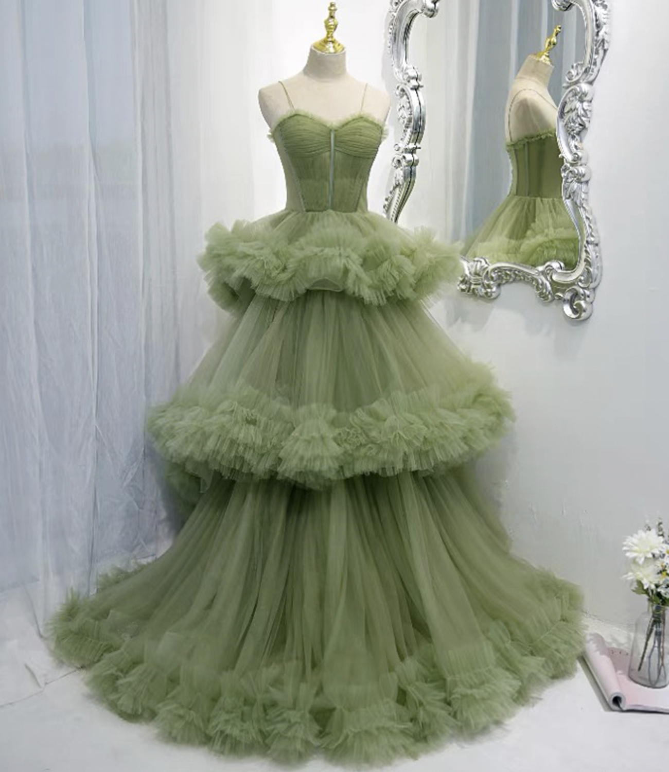 Green Tulle Long A Line Prom Dress Green Evening Dress