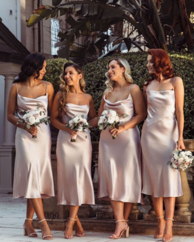 Sheath Silk Satin Midi Bridesmaid Dresses