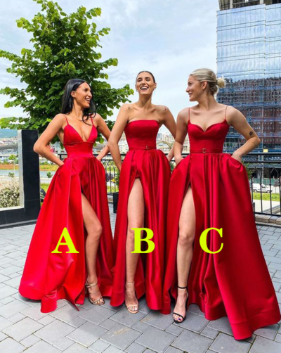 A-Line Red Satin Prom Evening Dresses with Side Slit