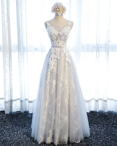 A Line Round Neck Sleeveless Lace Prom Dresses, Formal Dresses