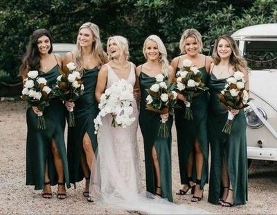 Sheath Cowl Neck Spaghetti Straps Dark Green Satin Bridesmaid Dresses with Split,1083