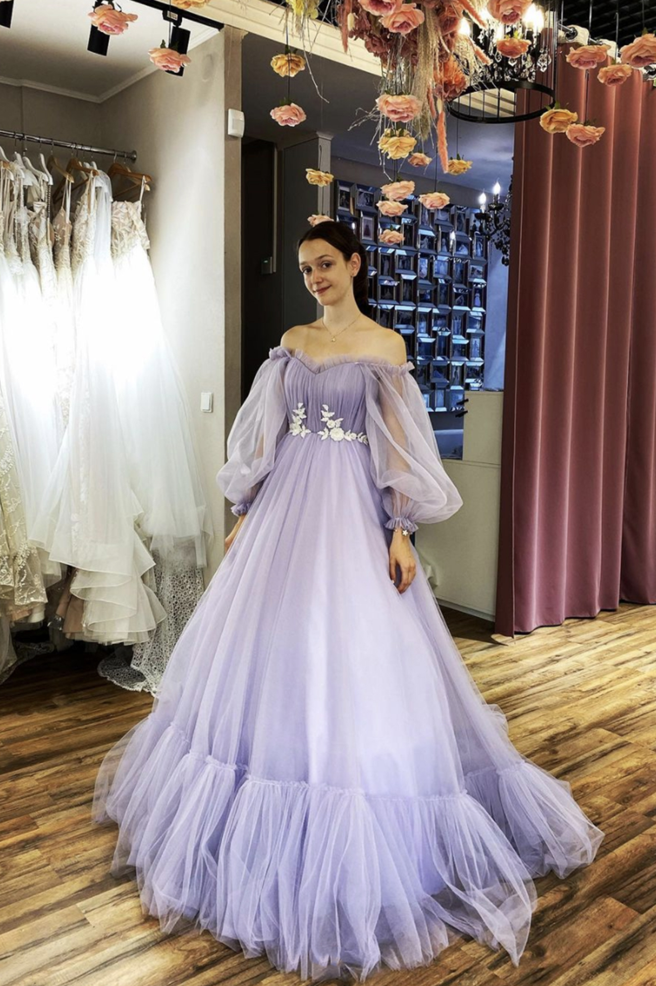 Purple tulle long A line prom dress evening dress