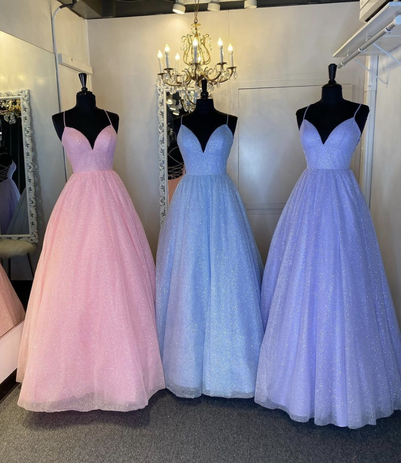 Cute tulle sequins long A line prom dress evening dress