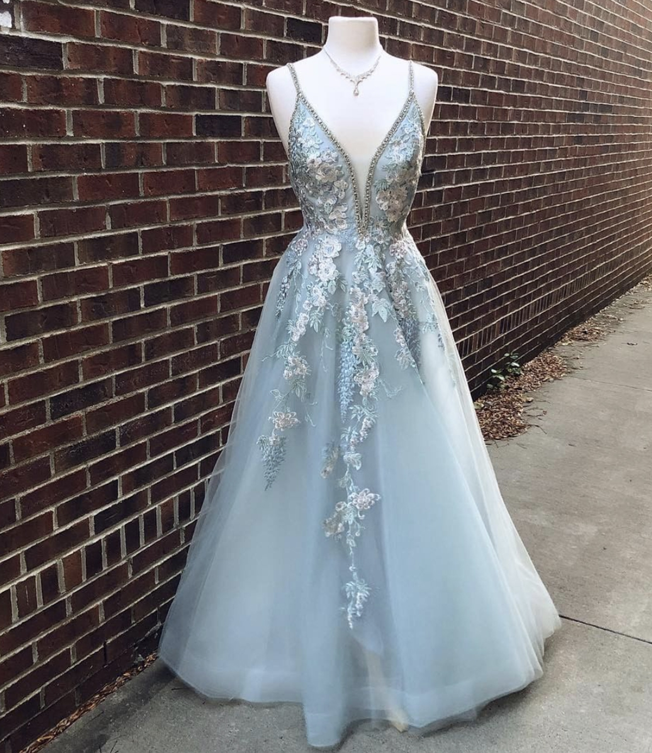 Blue tulle lace long A line prom dress evening dress
