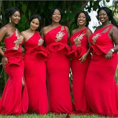 One Shoulder Bridesmaid Dresses Mermaid with Gold Appliques