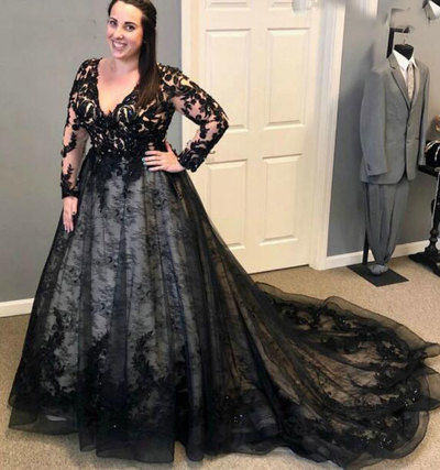 Black V Neck Wedding Dresses Bridal Gown with Sleeves