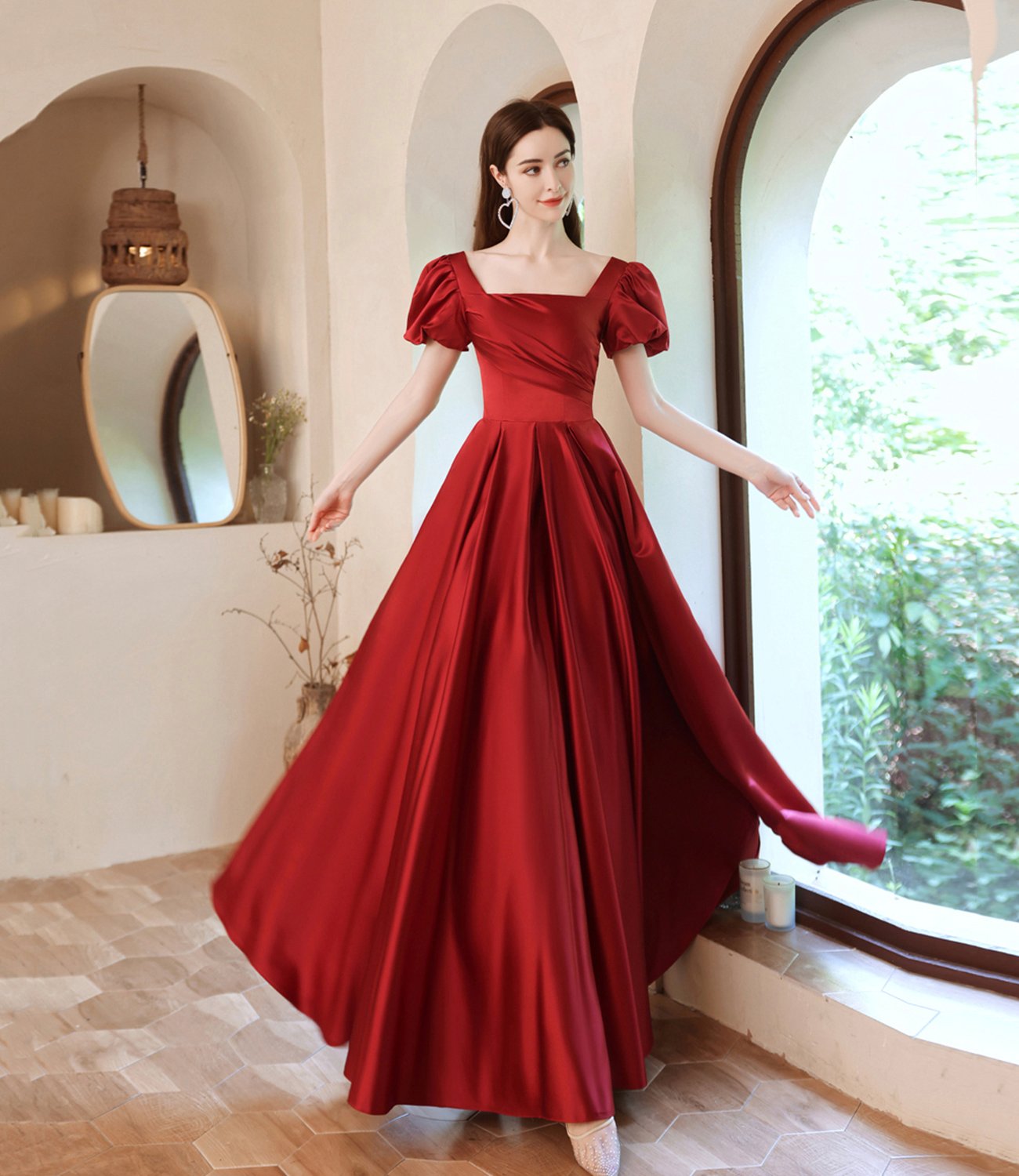 Burgundy satin long A line prom dress evening dress