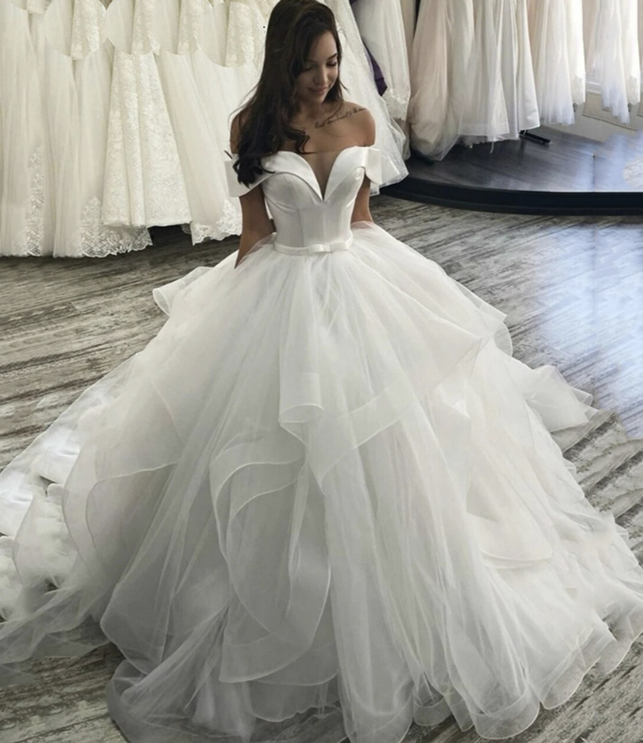 White tulle long A line ball gown dress wedding dress