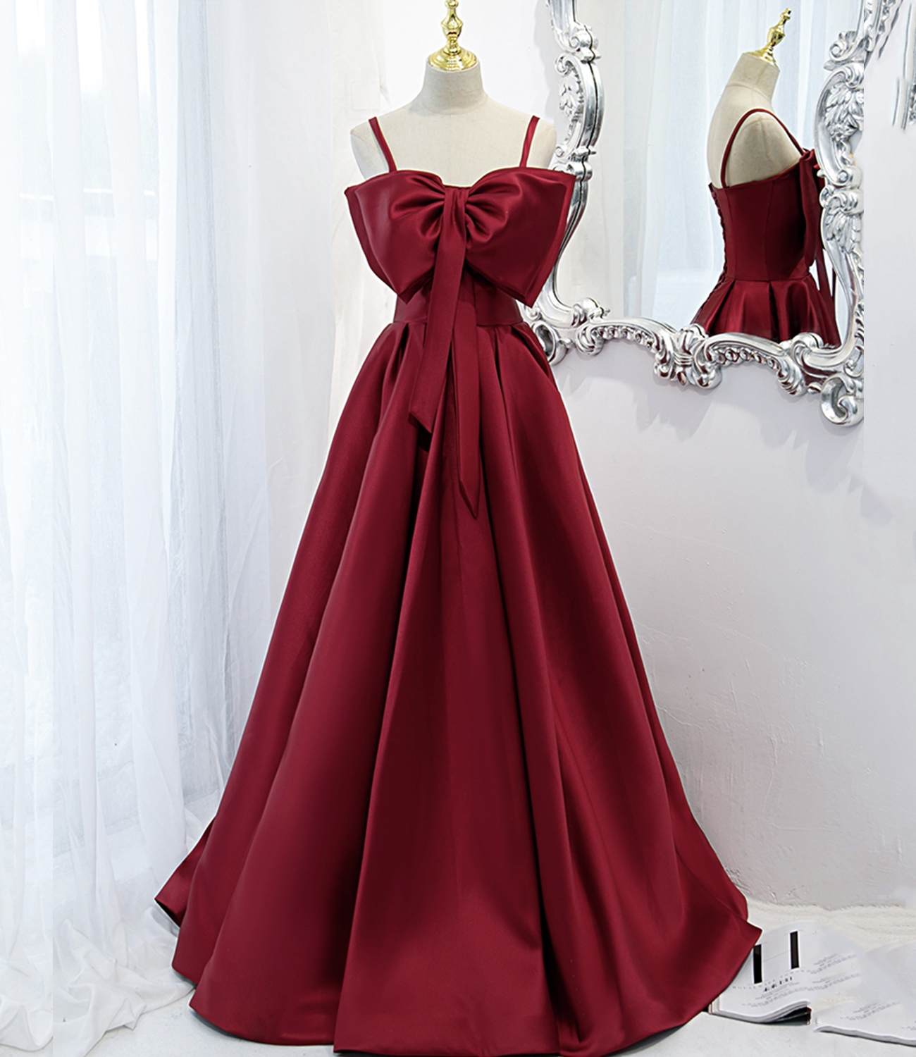 Burgundy satin long A line prom dress evening dress