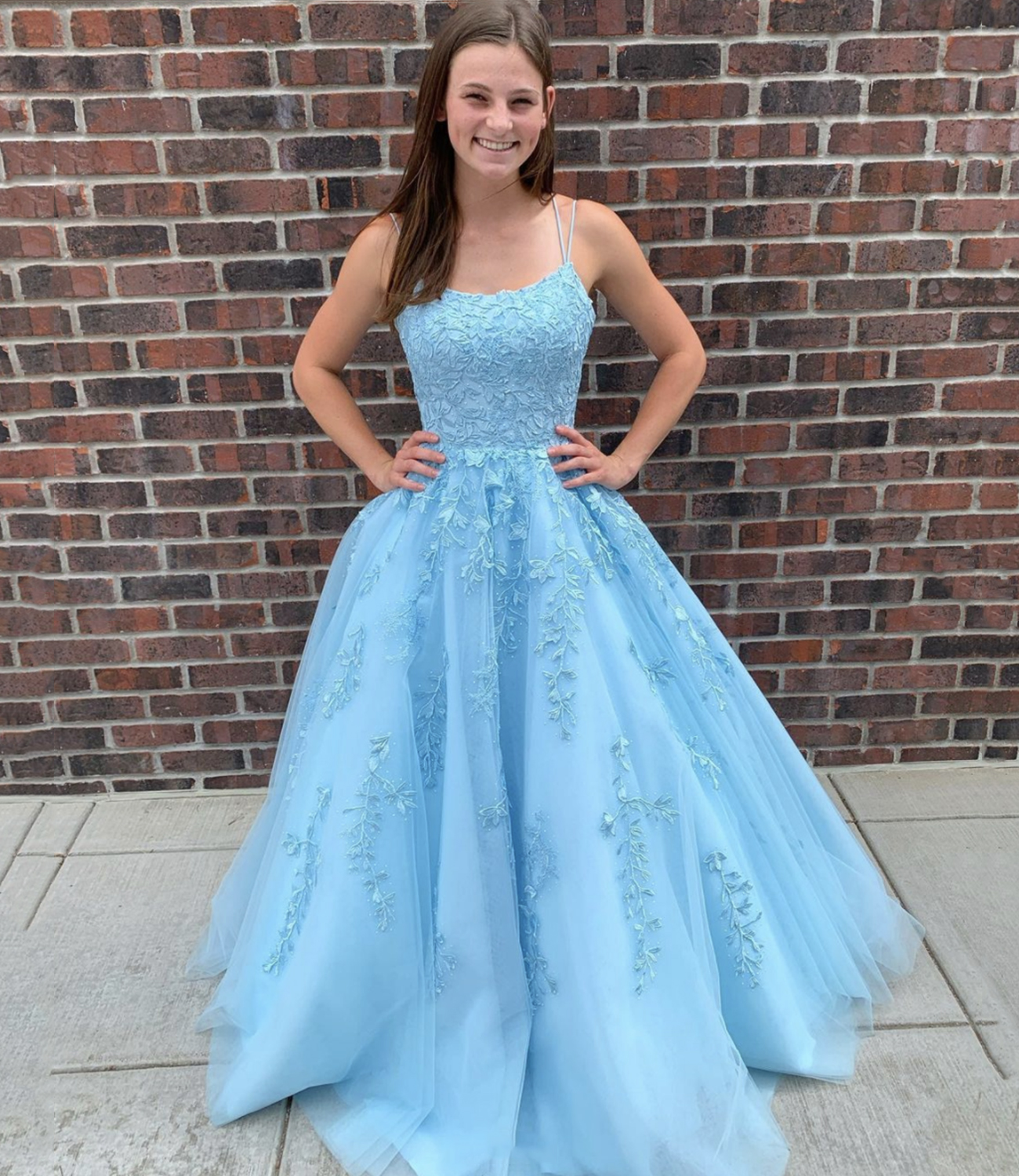 Blue lace long A line prom dress blue evening dress