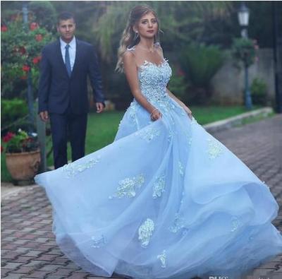 Light Sky Blue Wedding Dresses With Sheer Neckline Appliques Cuntrey Style Boho Bridal Dresses Backless Tulle Wedding Gowns