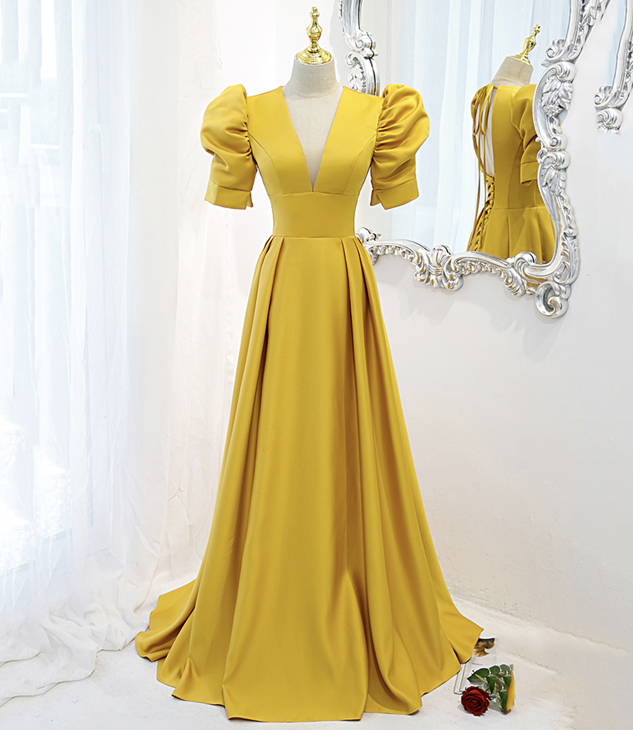 Yellow satin long A line prom dress evening dress