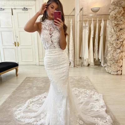 Mermaid halter open back lace appliques wedding dresses - Thumbnail 2