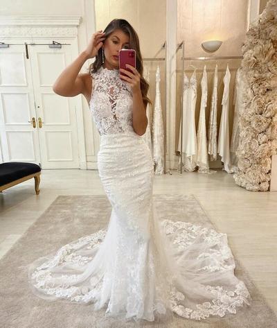Mermaid Halter Open Back Lace Appliques Wedding Dresses