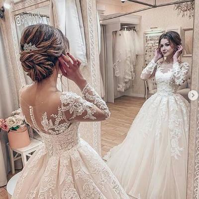 Ball gown long sleeve tulle lace appliques wedding dresses 2021 - Thumbnail 1