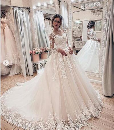 Ball Gown Long Sleeve Tulle Lace Appliques Wedding Dresses 2021