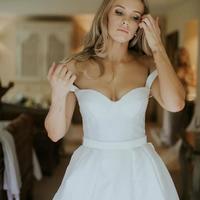 Elegant A-Line Off the Shoulder White Satin Wedding Dresses - Thumbnail 1
