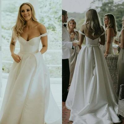 Elegant A-Line Off the Shoulder White Satin Wedding Dresses