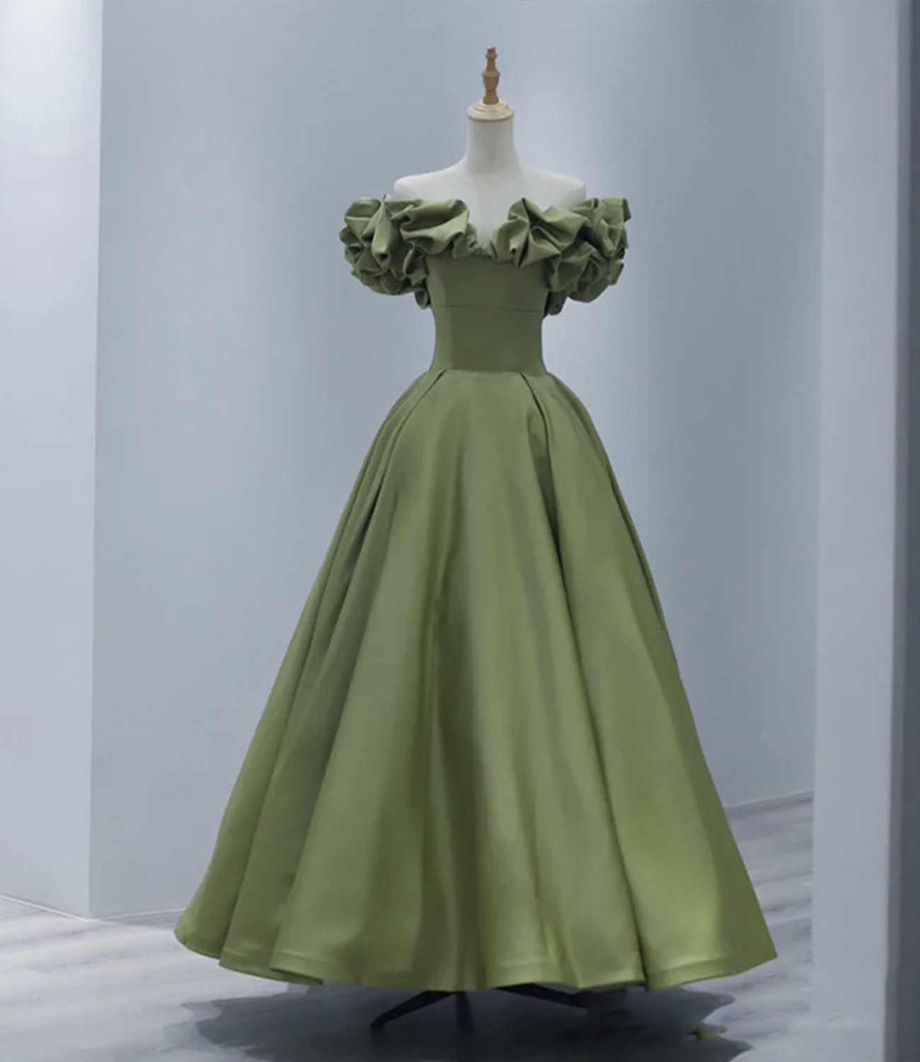 Green satin long A line prom dress evening dress