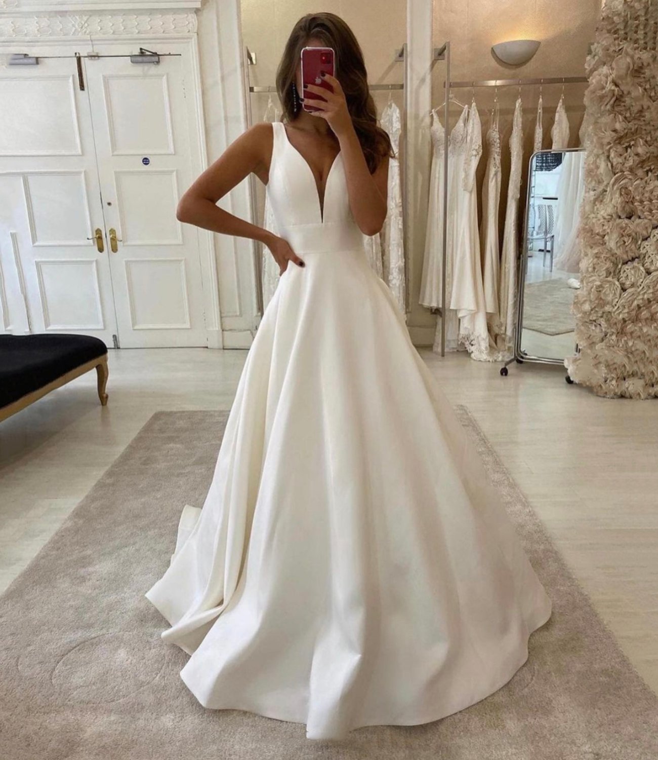 White v neck satin long A line prom dress white evening dress