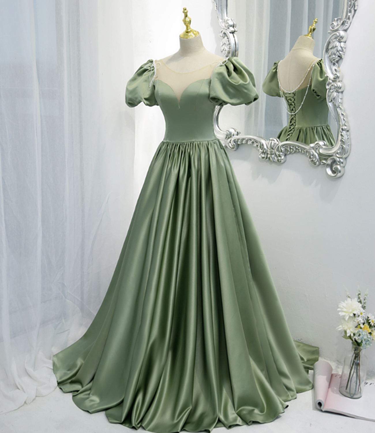 Green satin long A line prom dress green evening dress