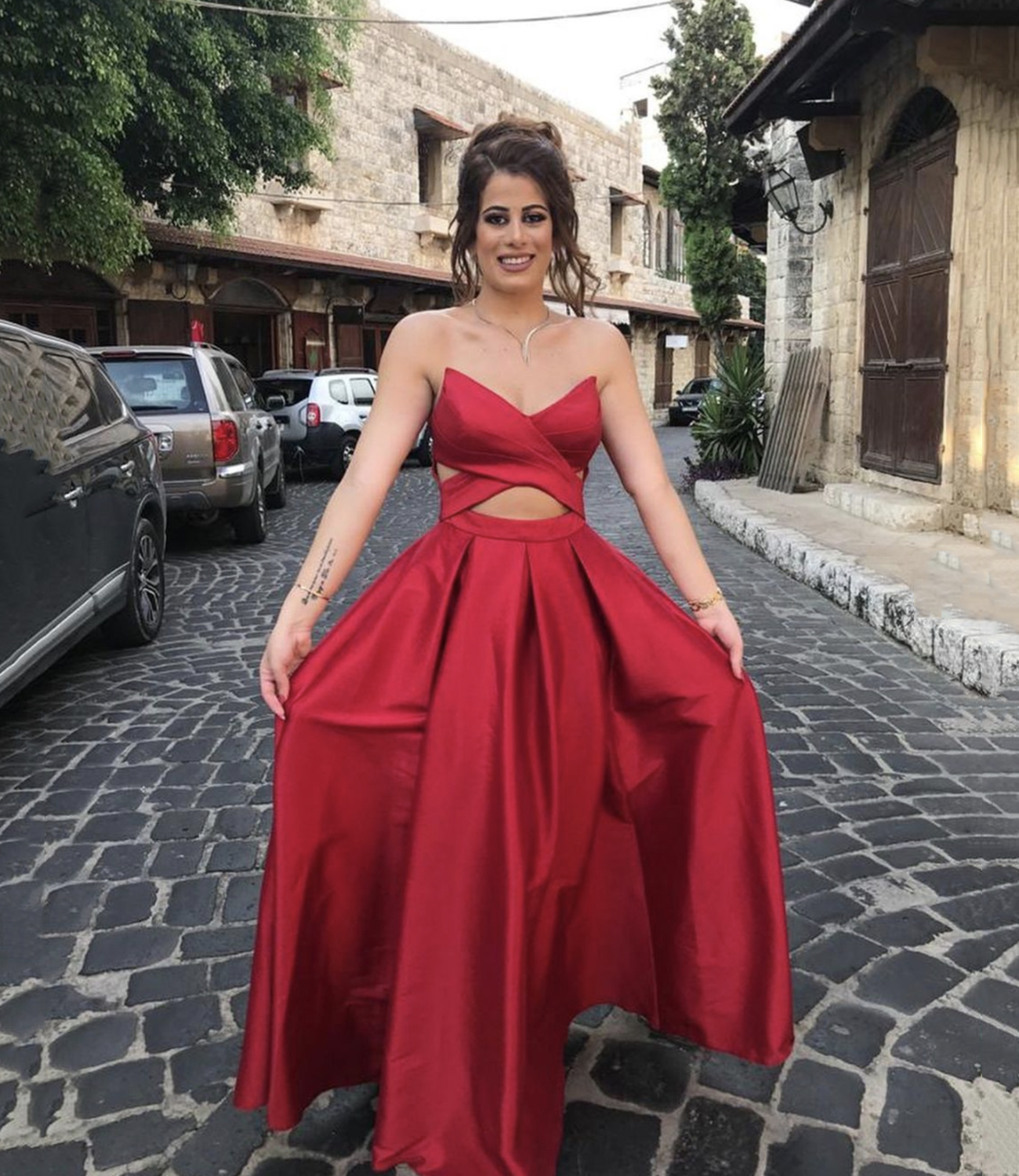 Red satin long A line prom dress red evening dress