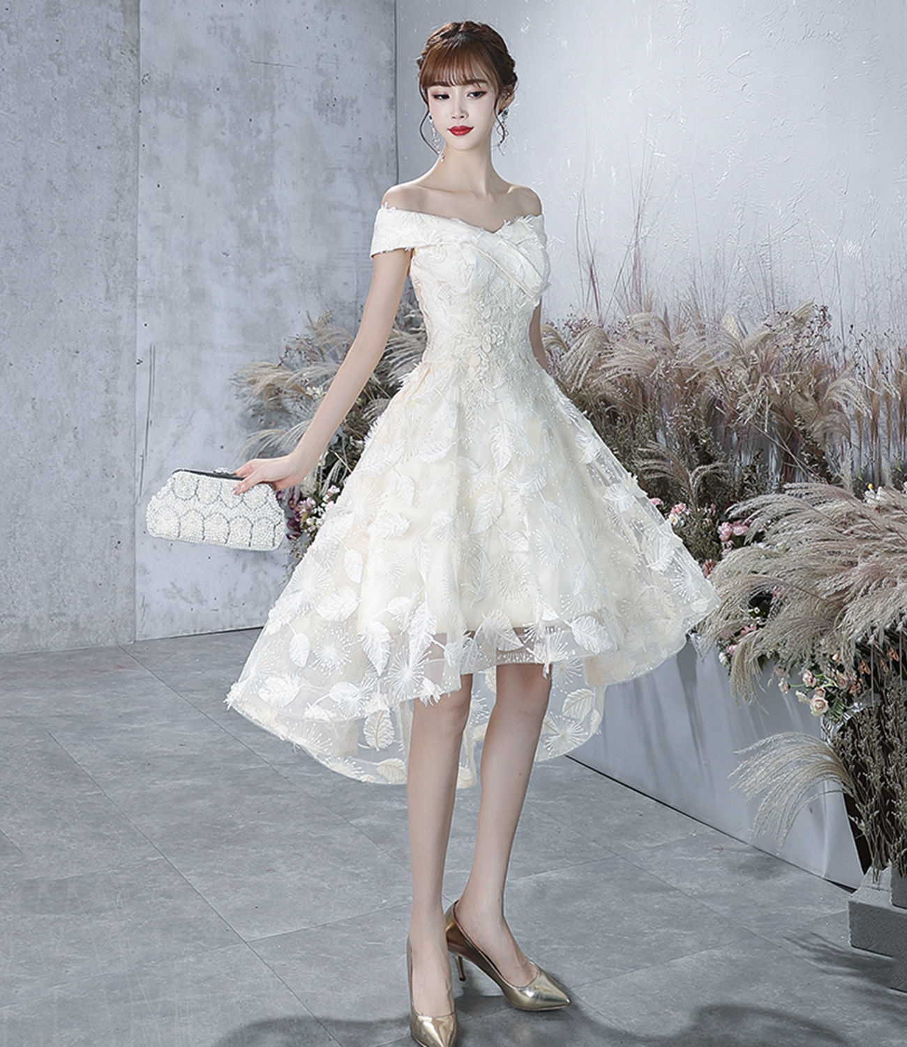 Champagne tulle high low prom dress evening dress