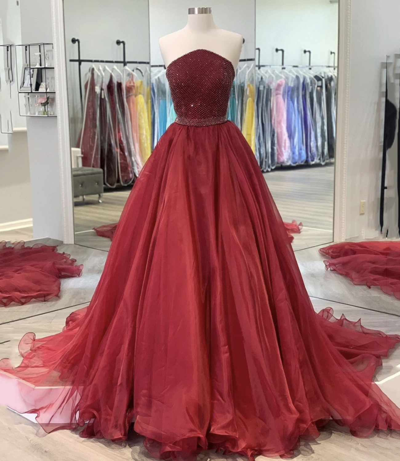 Burgundy tulle beads long ball gown dress fomral dress