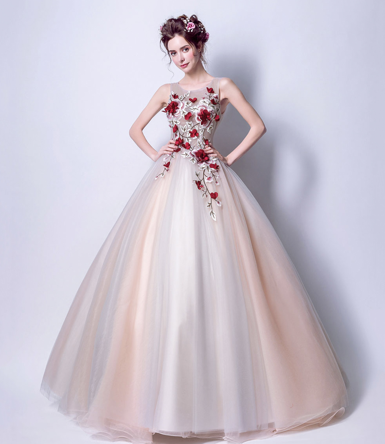 Elegant tulle applique long A line prom dress evening dress