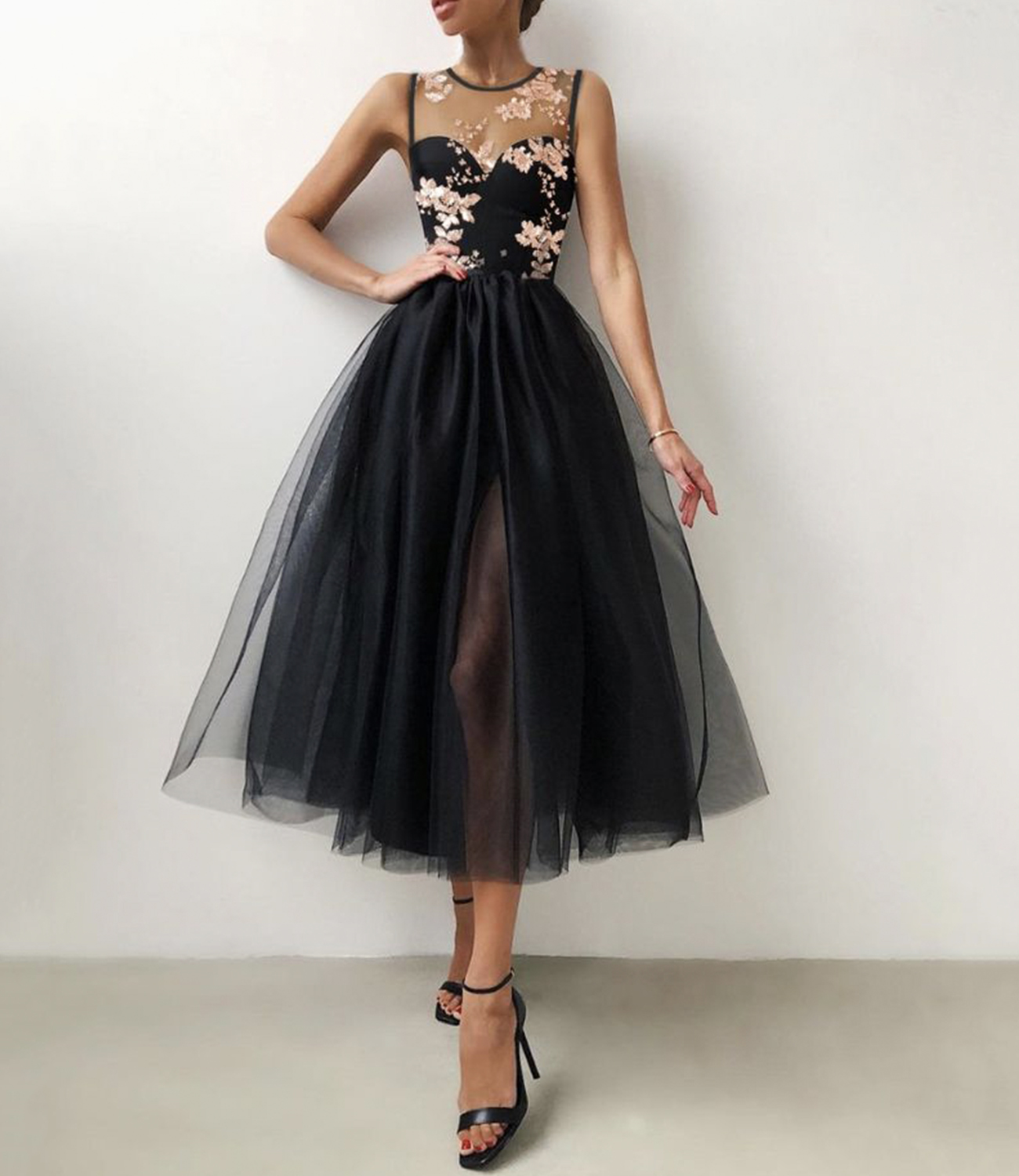 Black tulle lace short prom dress party dress