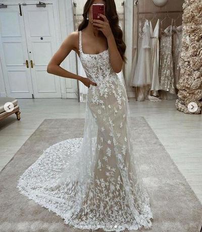 Mermaid Tulle Lace Appliques Wedding Dresses Boho Simple Bridal Gowns