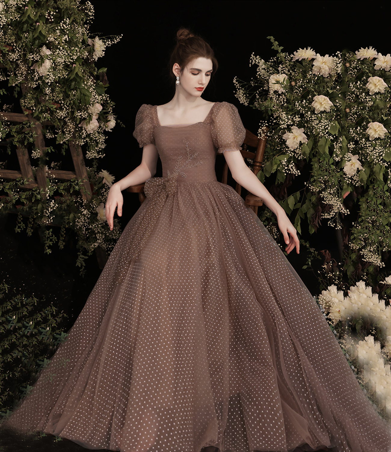 Cute tulle long A line prom dress evening dress