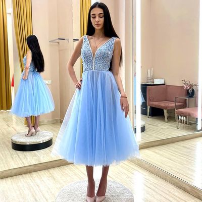 Cute a-line v neck sky blue tulle tea length homecoming dresses with lace appliques prom evening dresses - Thumbnail 3