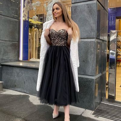 Sparkly a-line sweetheart black tulle tea length prom homecoming dresses - Thumbnail 4