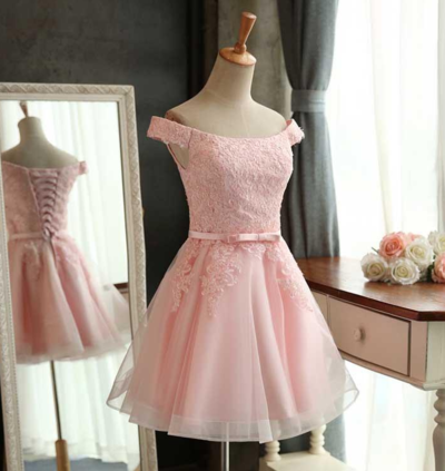 Off Shoulder Pink Lace Homecoming Dress