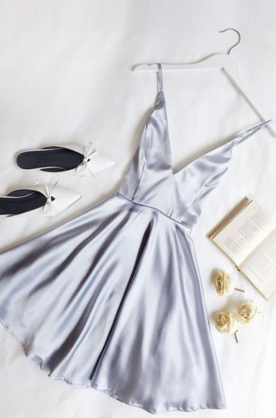 Spaghetti Straps V Neck Silver Homecoming Dress, Graduation Dress