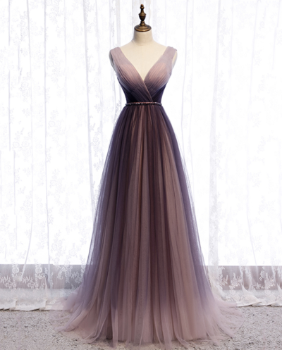 A line v neck tulle long prom dress