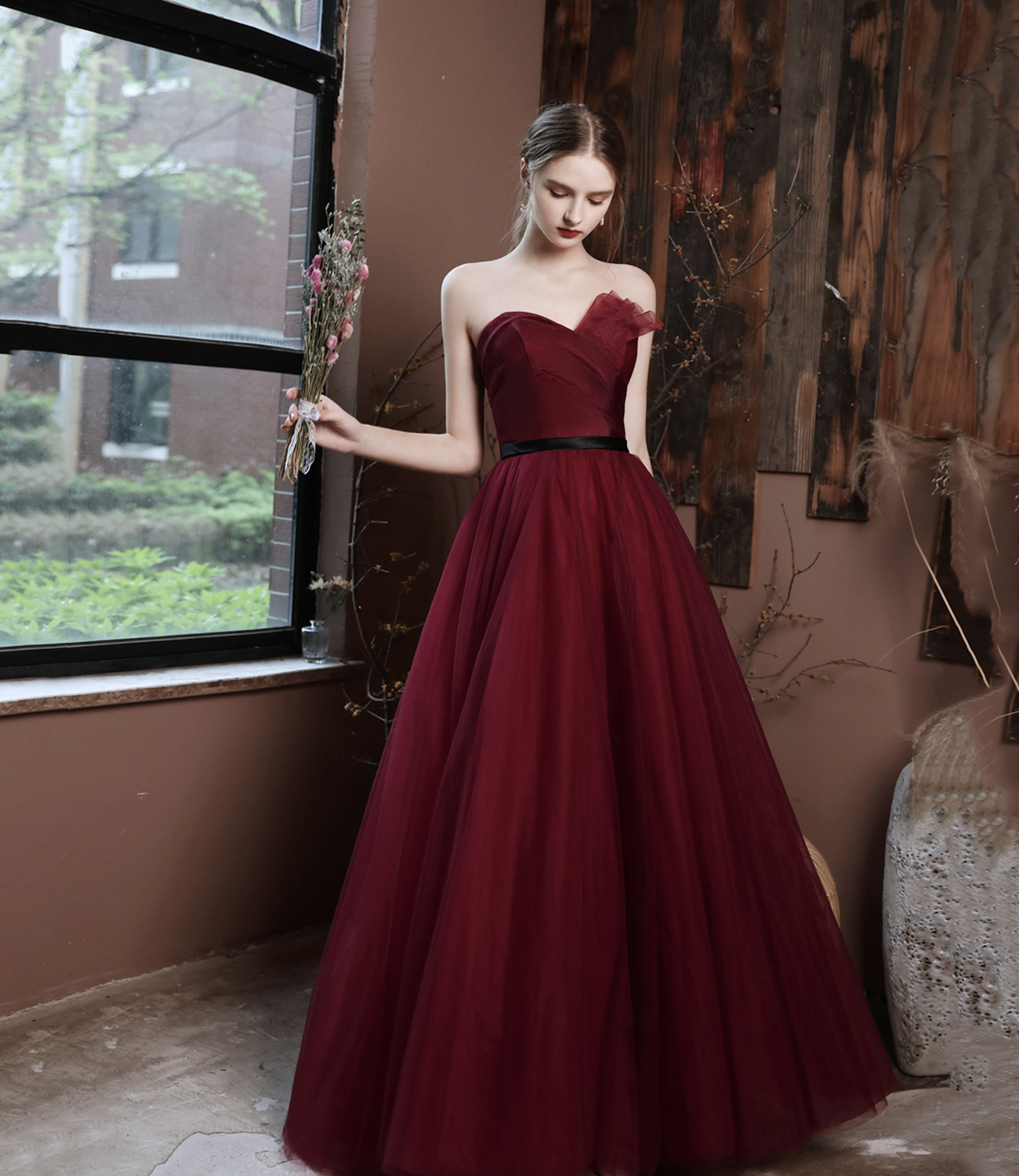 Burgundy off shoulder long  A line prom dress evening dress