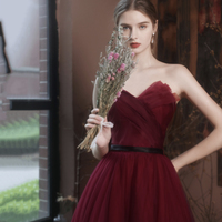 Burgundy off shoulder long  A line prom dress evening dress - Thumbnail 4