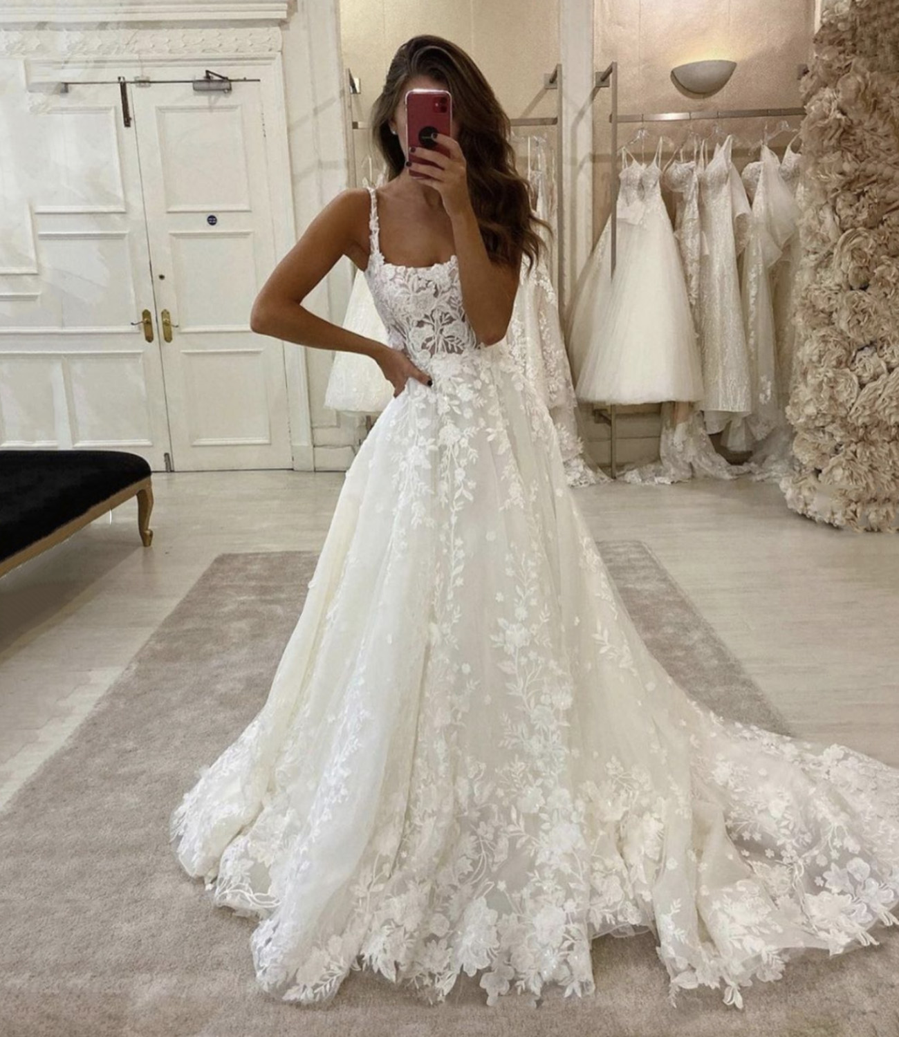 White lace long A line prom dress white evening dress