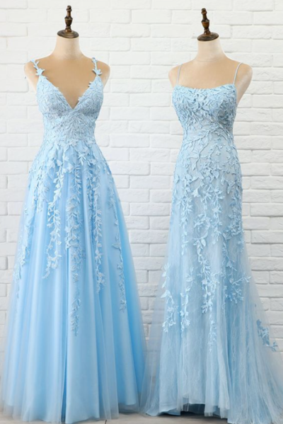A Line Light Blue Prom Dress With Lace