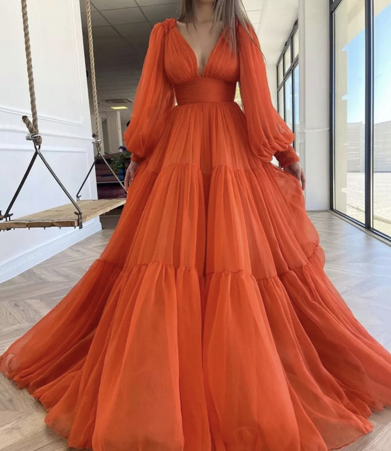 Orange chiffon long A line prom dress evening dress