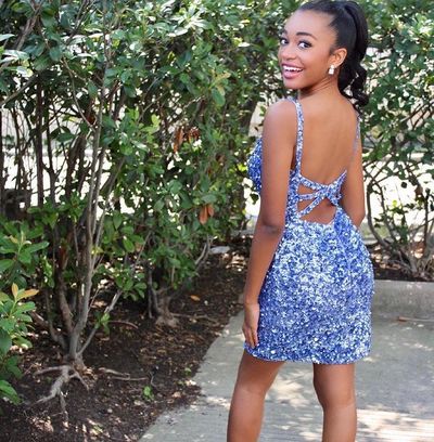 Cute Bodycon V Neck Blue Sequins Homecoming Dresses,Sparkly 2021 Hoco Dresses