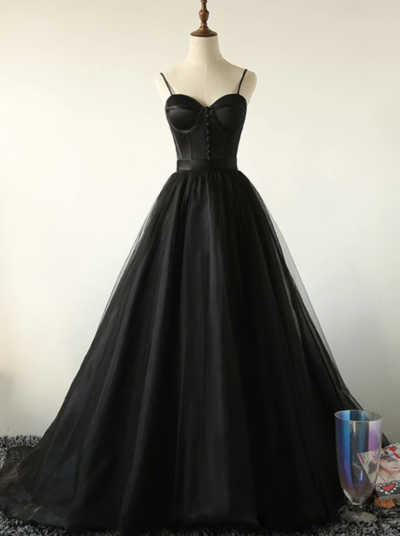 Spaghetti Straps A-Line Black Evening Dresses Formal Dress