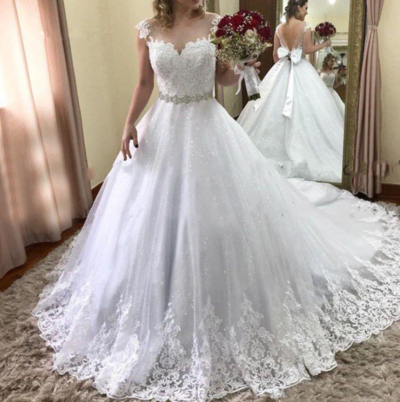 Scoop Cap Sleeve Mermaid Wedding Dresses Bridal Gowns Lace Appliques