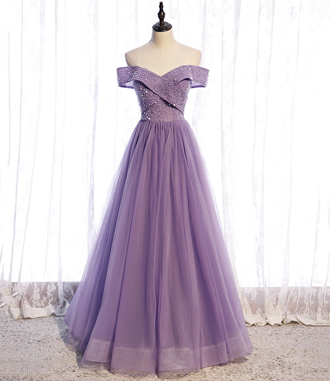 Purple tulle beads long A line prom dress evening dress