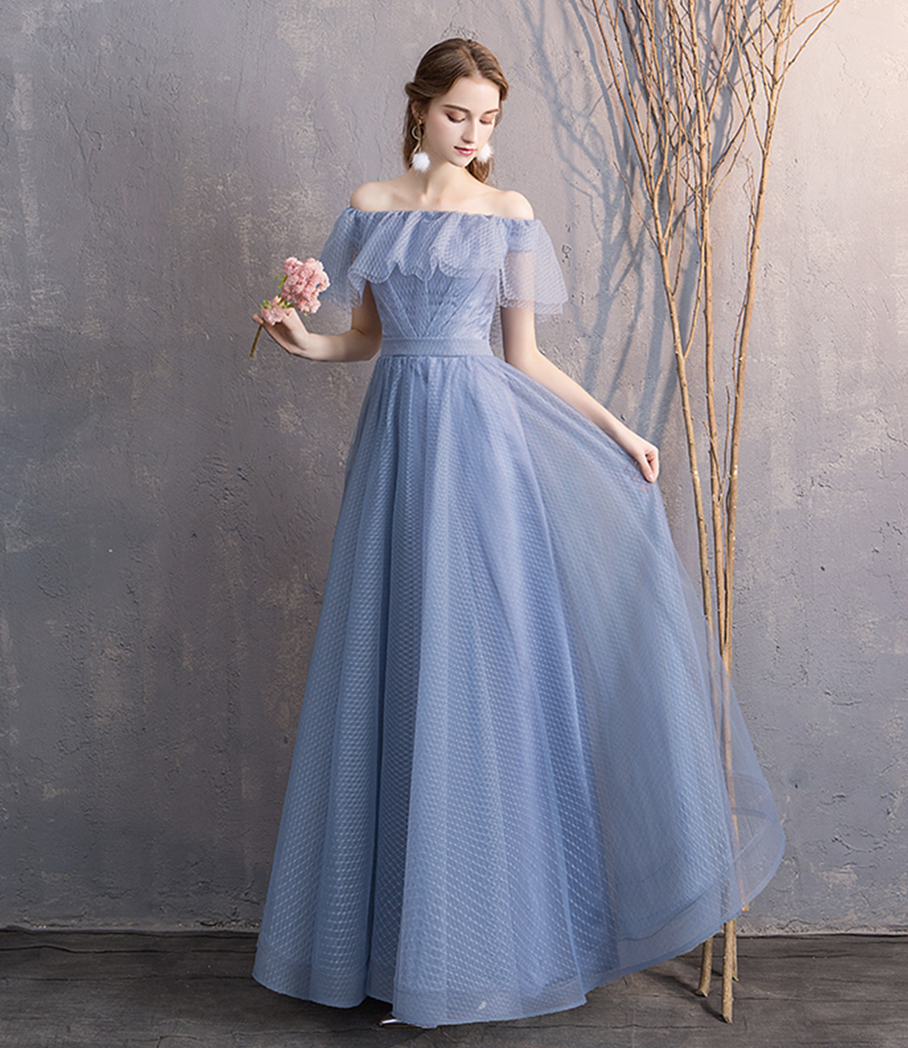 Blue tulle long A line prom dress bridesmaid dress